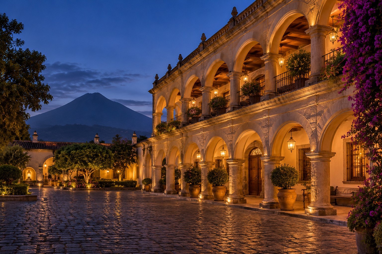 AI-generated impression of Antigua’s colonial arcades at blue hour