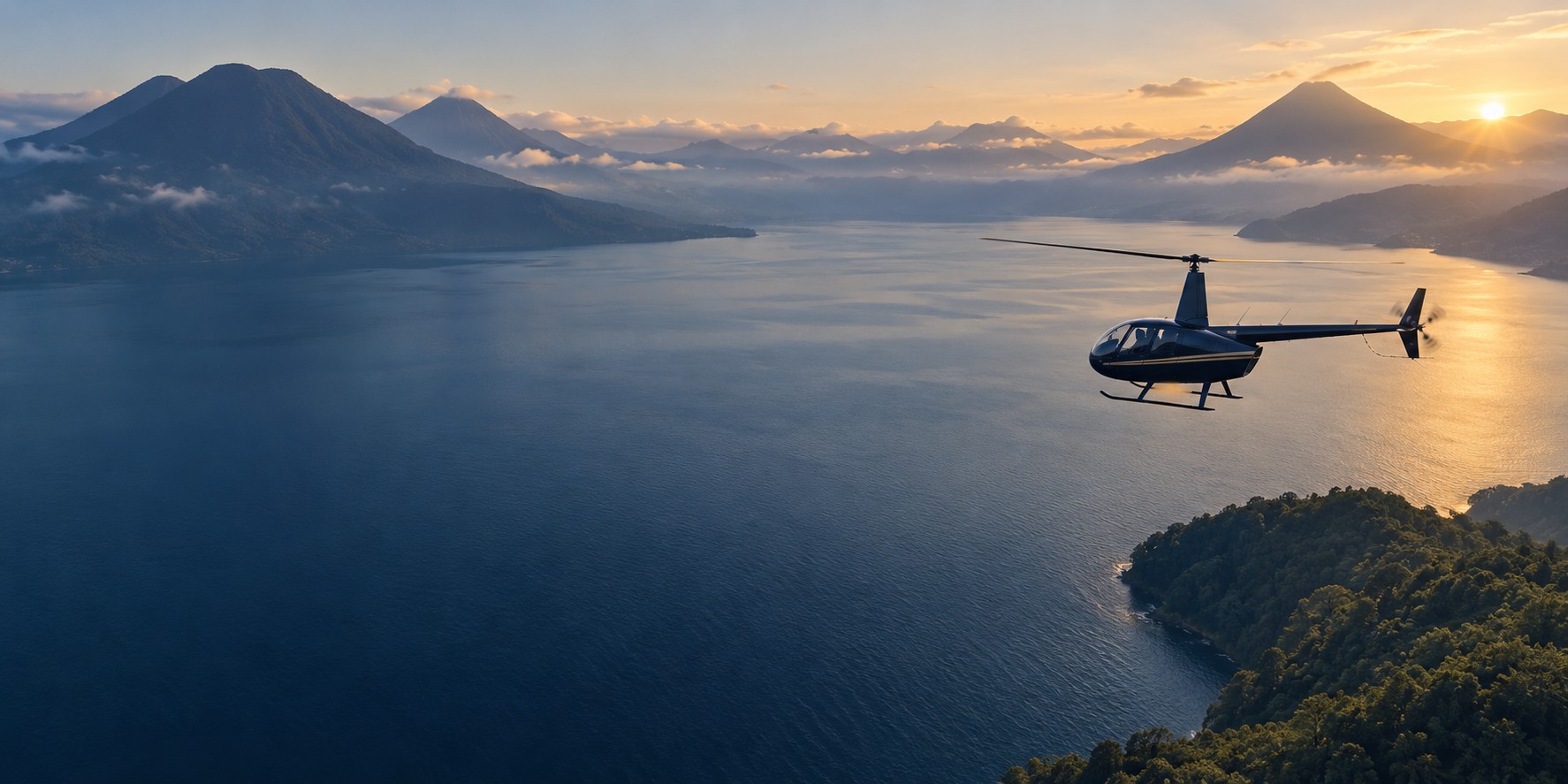 AI-generated impression of a private helicopter above Lake Atitlán at dawn