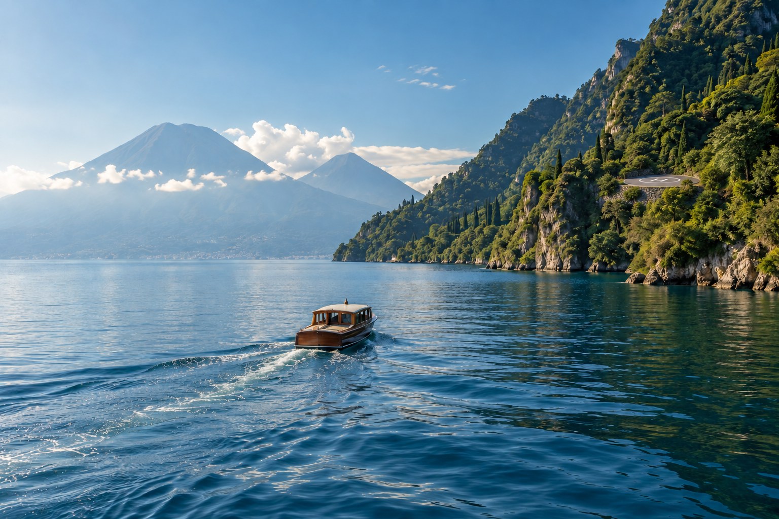 AI-generated impression of a boat approaching a green lakeshore with a discreet hillside helipad, inspired by Lake Atitlán